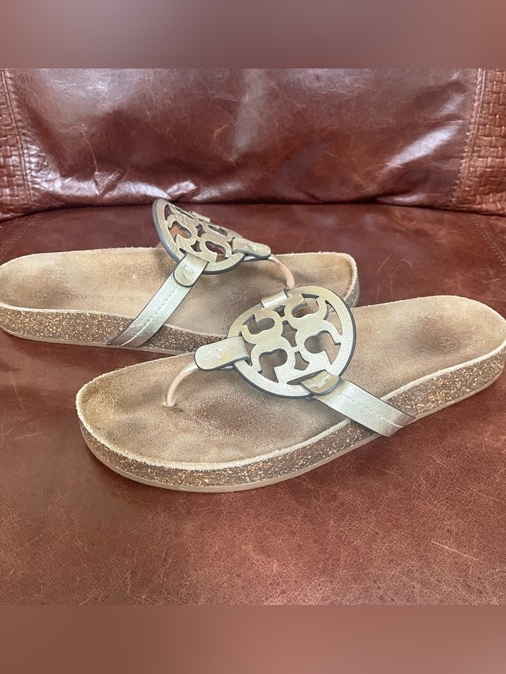 Tory Burch Metallic Silver Logo Cork Wedge Thong Sandals - Picture 7 of 12
